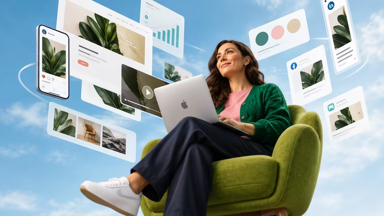 Marketer working on a laptop in an armchair, surrounded by floating social posts and ad layouts